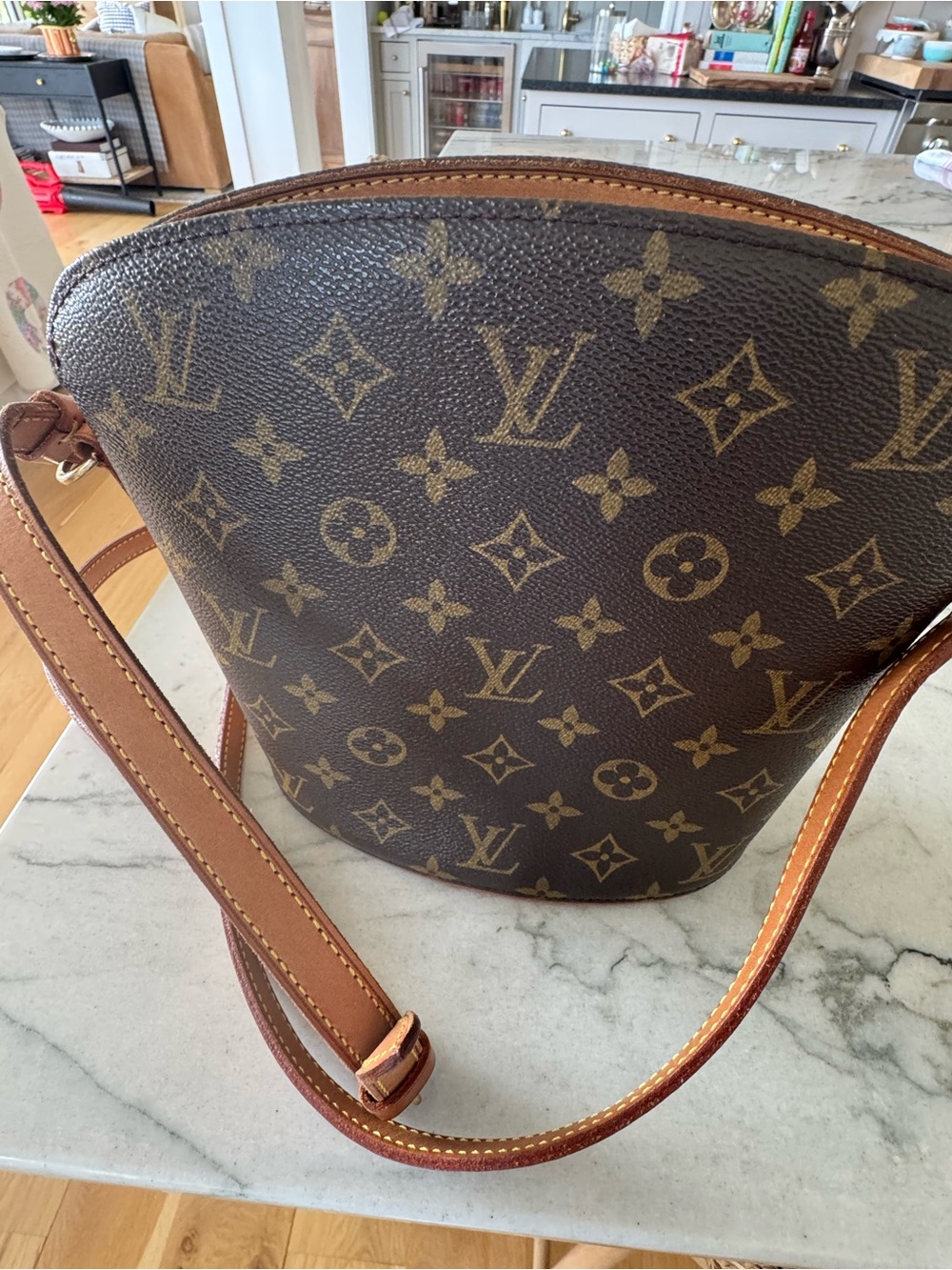 Louis Vuitton Brown Monogram Canvas Crossbody Shoulder Bag with Tan Strap